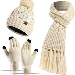 Women’s Fleece Lined Warm Winter Beanie Hat, Scarf & Touchscreen Gloves Set